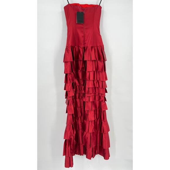 NBD | Echo Gown in Red Satin Drop Waist Strapless Tiered Layered Maxi Dress XS - Picture 3 of 16
